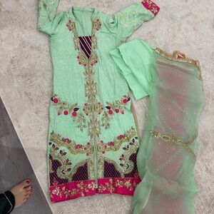 Elegant Mint Green Embroidered Suit
